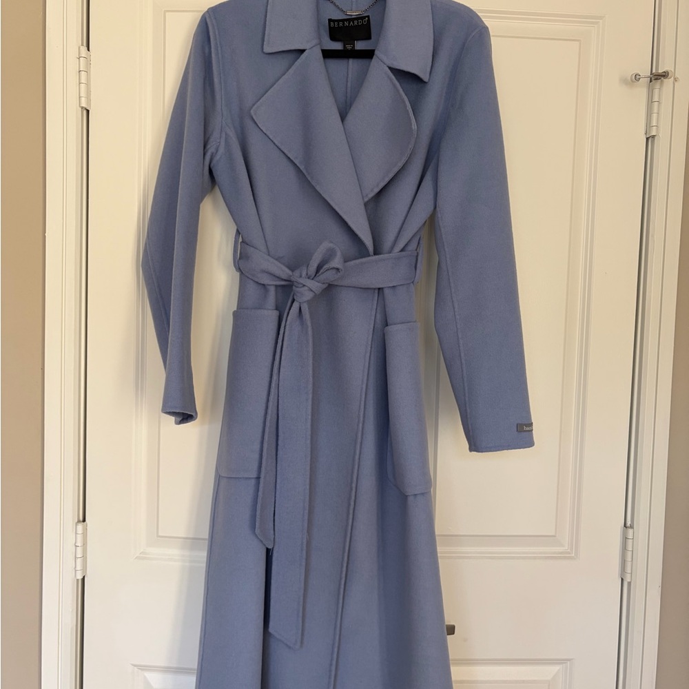 Bernardo Dusty Blue Long Wrap Coat with Self-Tie Handmade Wool Blend M